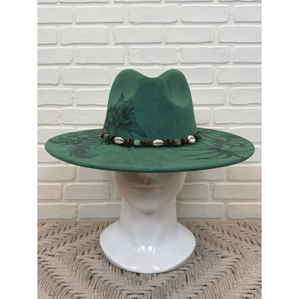 Sun Kissed Fedoras Cowgirl Hat Green Floral Wide Brim Medium